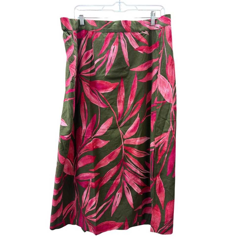 Time and Tru Women XXXL 22 Pink Olive Green Tropical Palm Linen Blend Midi Skirt